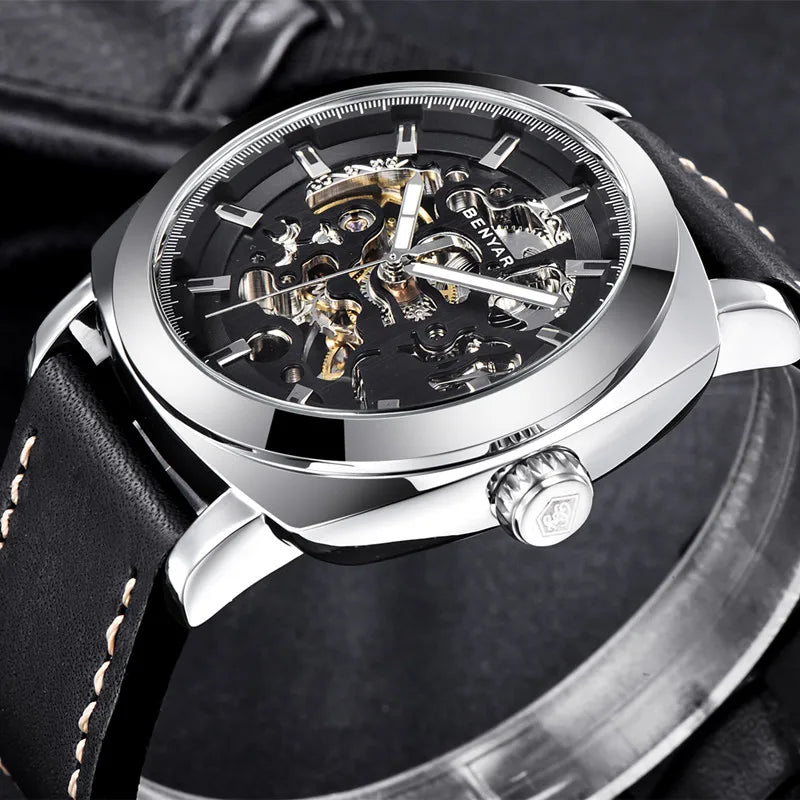 Classic Leather-Band Skeleton Watch