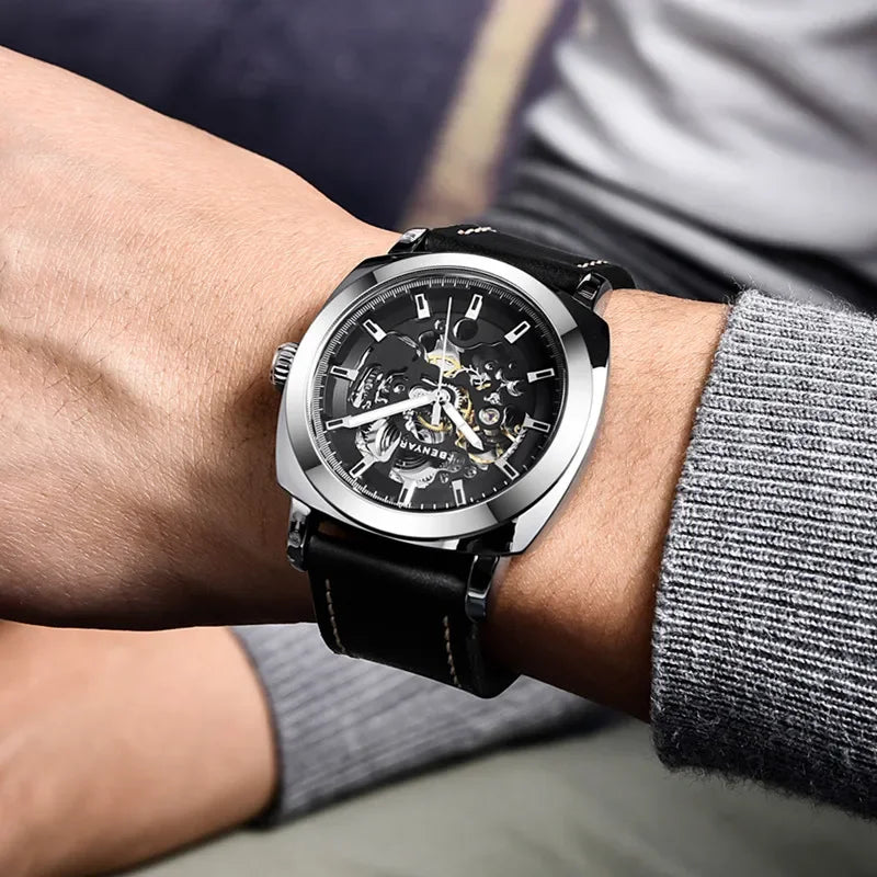 Classic Leather-Band Skeleton Watch
